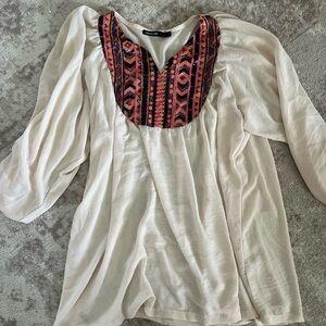 White and Red Relaxed Tunic with Bib Collar